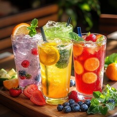 Refreshing summer drinks with fruits outdoor patio beverage photography natural light close-up vibrant colors