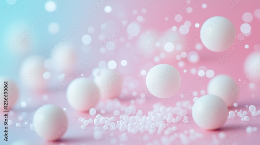 Poster soft pastel background with floating white balls and bokeh effect