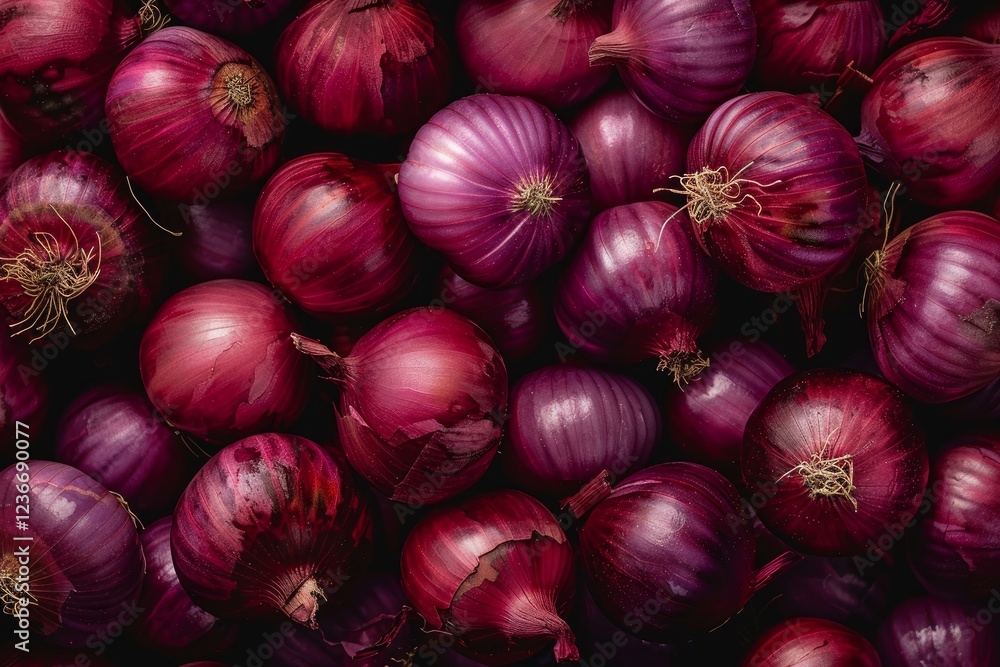 Aufkleber close up of numerous red onions creating a vibrant and textured backdrop, ideal for culinary project