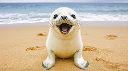 Obraz premium Adorable Seal Pup on Sandy Beach by Ocean