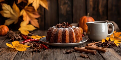 hot spicy cake Concept. Autumn-themed bundt cake surrounded by leaves, pumpkins, and spices on a rustic wooden table.