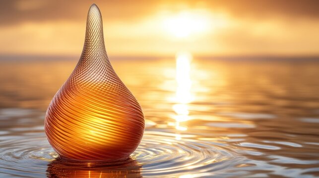 Amber glass teardrop floats on sunrise water - Powered by Adobe