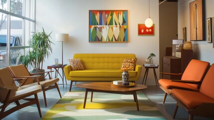 Mid-Century Modern Living Room Interior with Yellow Sofa and Orange Armchairs
