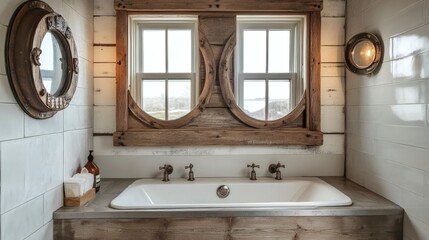 Rustic Coastal Bathroom Interior with Ship Porthole Mirrors and Farmhouse Sink