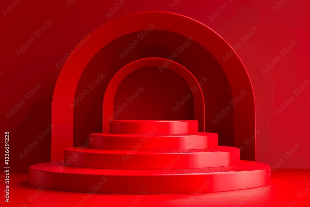 Poster round red podium displaying products on minimalist red background for branding and packaging present