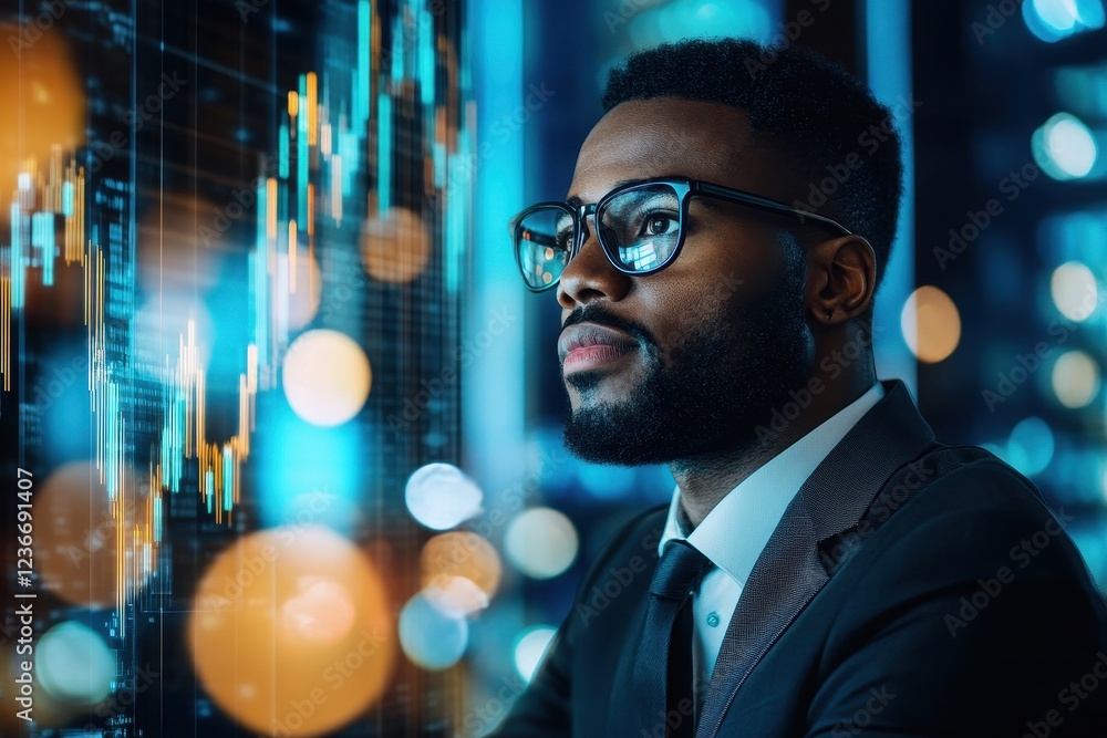 Poster portrait of a financial consultant conducting a video conference with global clients using digital i