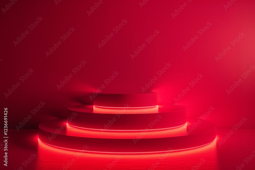 Poster red illuminated circular podium on a red background creating a vibrant and modern space for product 