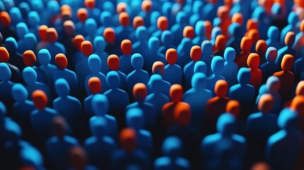 Fototapeta premium A large group of blue and orange people, representing the concept of community or audience for marketing.