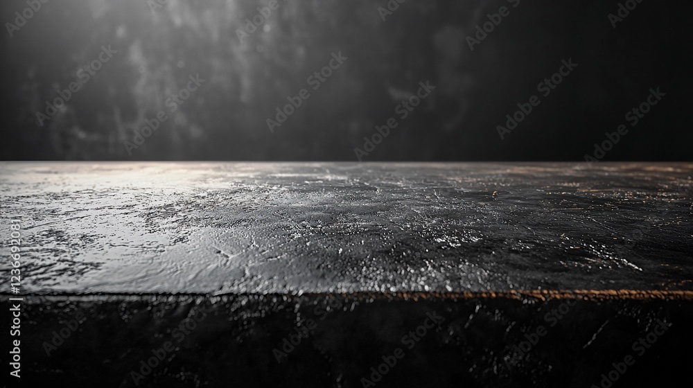 Poster dark textured surface, empty table top against a blurred background.