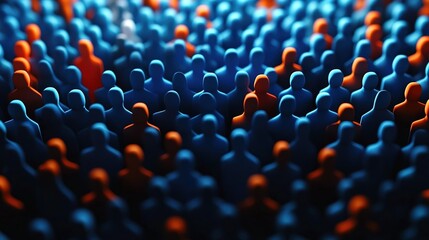 Obraz premium A large group of blue and orange people, representing the concept of community or audience for marketing.