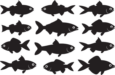 Zebrafish silhouette set, flat fish vector illustration, fish black color isolated on a white background.