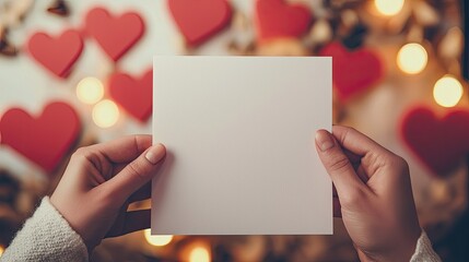 Obraz premium hands holding a white blank valentine's day invitation mockup, detailed design, valentine's day scene in the background