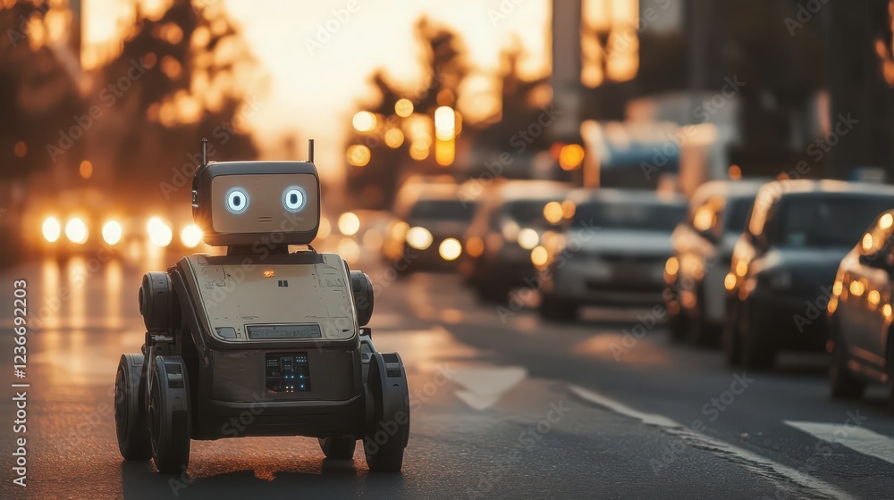 Poster autonomous robot navigating city streets at dusk with cars and bokeh lights in background