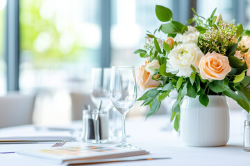 Fototapeta premium A table with a vase of flowers and a wine glass
