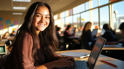 A smiling teenage girl with long dark hair types on a laptop in a bright classroom. Sunlight streams through the windows, highlighting her cheerful expression. Her desk holds a not