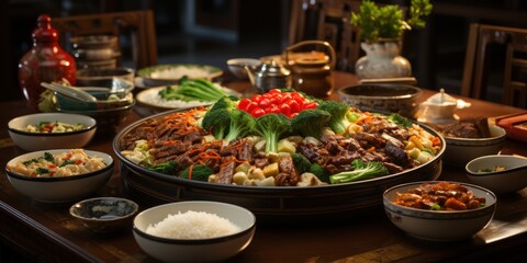 Obraz premium Asian cuisine feast family dinner with rice, meat, and vegetables.