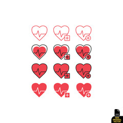 Heart Health Icons with Medical Pulse and Plus Sign Variations
