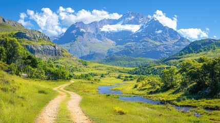 Naklejka premium Mountain valley road, stream, sunny day, Patagonia landscape, travel photography
