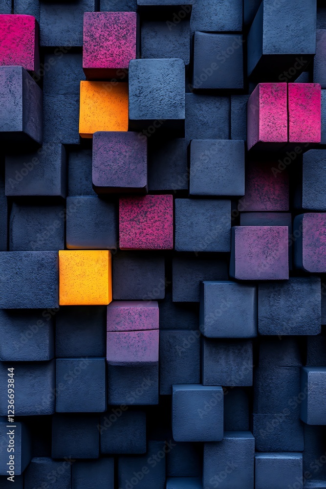 Aufkleber abstract geometric shapes with cubes in dark gray, yellow, and magenta creating a unique background 