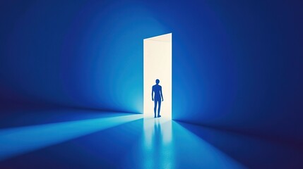 A person standing at the entrance of an open door, with light streaming in from behind and illuminating their silhouette against a blue background.