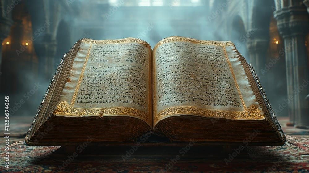 Poster ancient open book on stand in cathedral-like setting