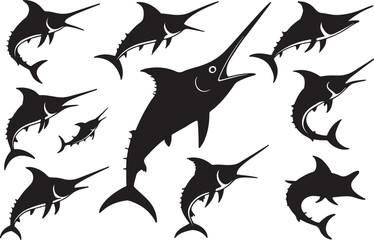 Swordfish silhouette set, flat fish vector illustration, fish black color isolated on a white background.