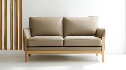 Beige Upholstered Loveseat with Light Wood Frame