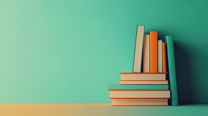 Fototapeta premium A stack of books on a blue background, with an orange and teal color palette, a 3D render, and a minimalistic style