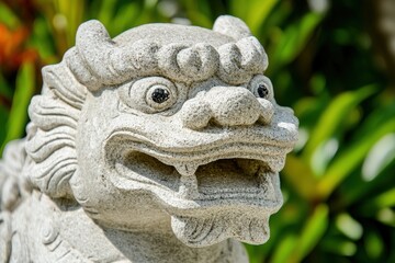 Stone lion guardian statue in lush garden.