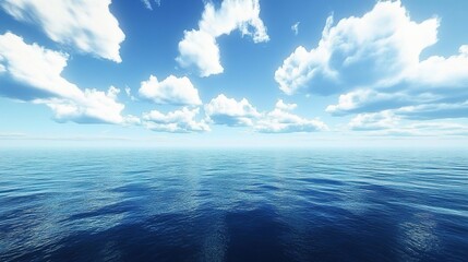 A vast expanse of blue ocean with white clouds in the sky, creating an endless horizon. 