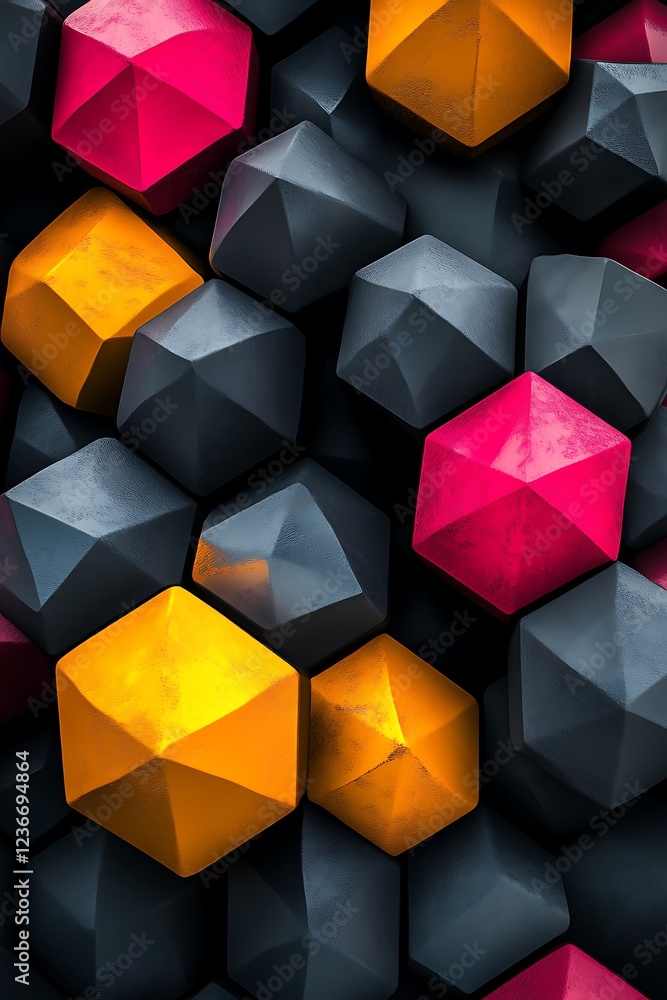 Poster abstract geometric shapes with cubes in dark gray, yellow, and magenta creating a unique background 