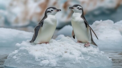 Obraz premium Antarctic penguins on ice floe, interacting, glacial backdrop. Possible use wildlife, nature, conservation