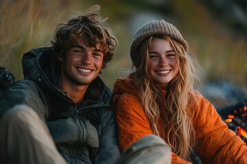 Fototapeta premium Couple enjoys cozy moments by the campfire in a serene outdoor setting