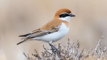 Desert bird perched on shrub, pale background, wildlife photography, nature