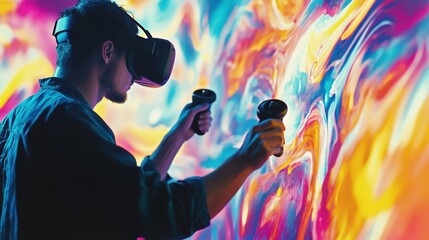 An artist creating digital paintings and interactive artworks in a virtual reality (VR) art studio, using motion controllers and immersive painting tools, VR digital painting theme