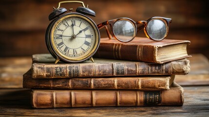 Antique alarm clock, eyeglasses, and books on wooden table