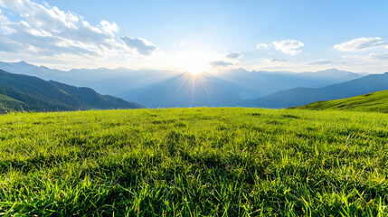 Sunset over mountain meadow, scenic view, calm landscape, nature background, ideal for travel brochure