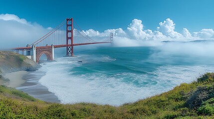 Fototapeta premium Foggy Golden Gate Bridge with ocean waves crashing on shore.