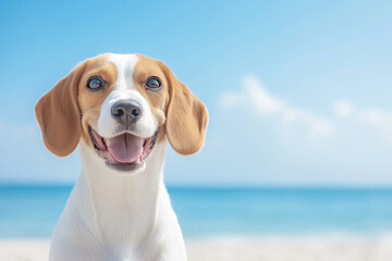 Adorable Beagle Puppy Smiling at the Beach with Ocean and Blue Sky on a Sunny Day