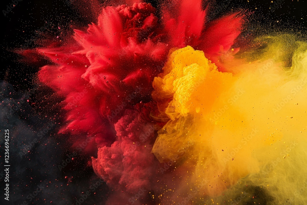 Poster red and yellow powder paint exploding on a black background, creating a vibrant and dynamic abstract