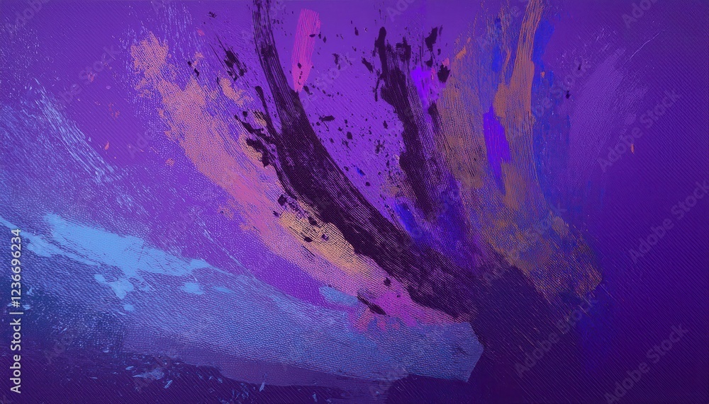 Poster dynamic abstract explosion of purple and blue paint splashes with textured strokes and black fragments, perfect for modern background and digital artwork

