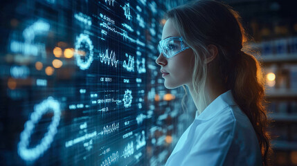 A focused scientist wearing protective glasses analyzes complex data and futuristic graphics on a transparent digital screen in a high-tech environment