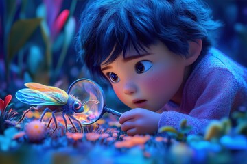 Curious child explores colorful bug under vibrant flowers in magical forest setting