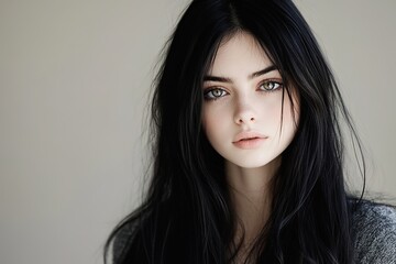 Naklejka premium A beautiful young woman with long black hair, wearing an elegant high-necked top and looking straight ahead at the camera.