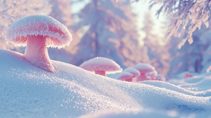 This is a clear photo of heavy snow, endless snow, a beautiful row of pink mushroom-shaped rime in the snow, many beautiful and undulating continuous 
