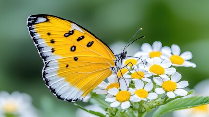 Fototapeta premium Yellow and white butterfly resting on small white wildflowers in a sunny green garden.