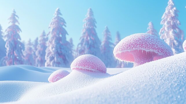 This is a clear photo of heavy snow, endless snow, a beautiful row of pink mushroom-shaped rime in the snow, many beautiful and undulating continuous 