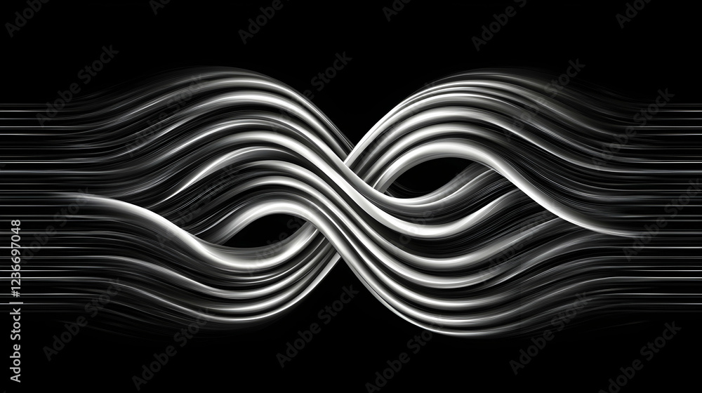Poster abstract grayscale wave design, flowing lines, dark background, infinite loop concept, ideal for tec