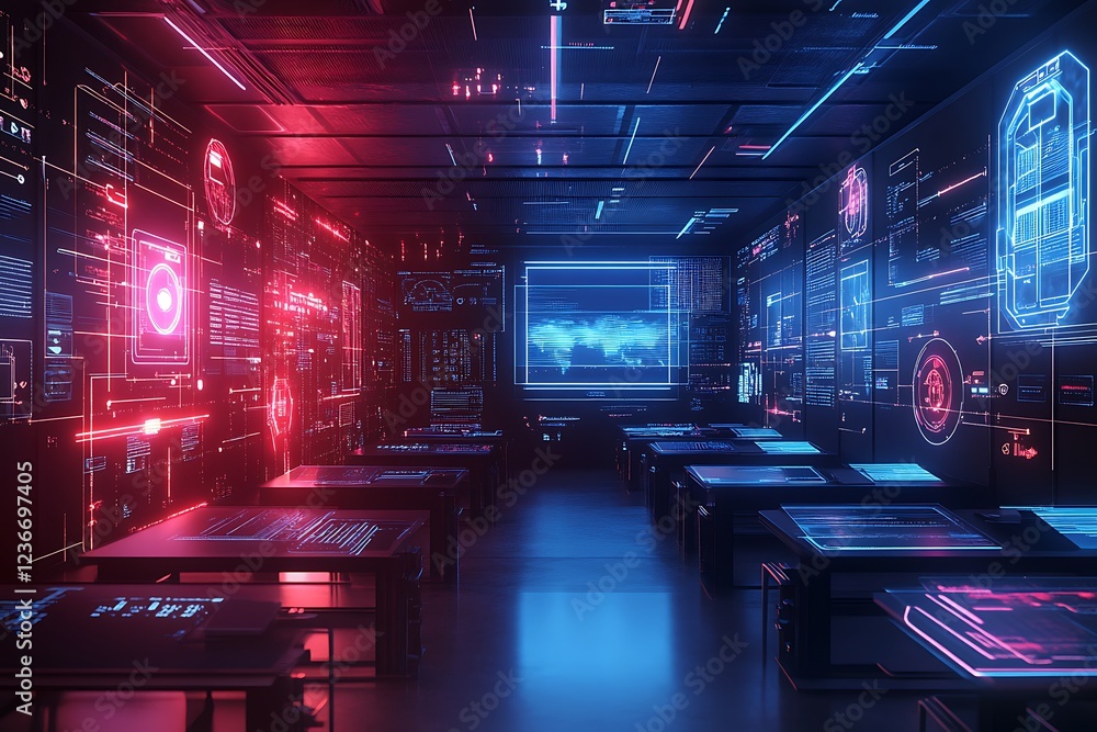 Poster futuristic control room with holographic displays showing data streams and world map.