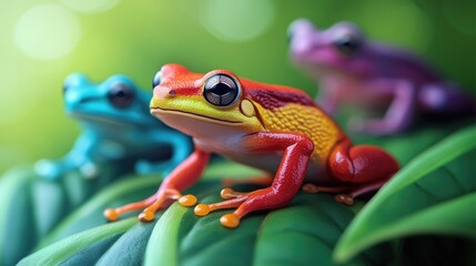 Vibrant frogs resting on lush leaves tropical rainforest wildlife photography natural habitat close-up biodiversity
